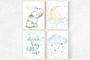 Nursery decor elephant, dream big little one, cloud nursery decor, Nursery decor neutral moon and stars nursery moon nursery, gender neutral