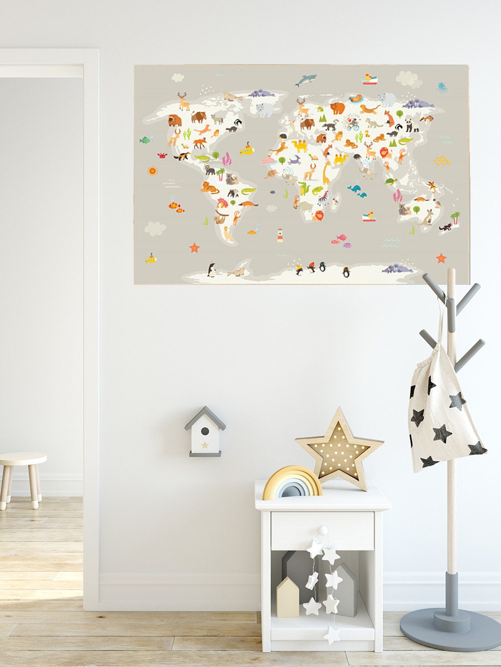 Nursery world map, Animal world map, animal map nursery, Animals map, animal map of the world, gender neutral nursery, animals of the world