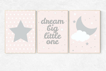 Pink gray nursery, blush pink nursery decor, dream big little star, pink nursery art, cloud nursery decor, pale pink, moon nursery