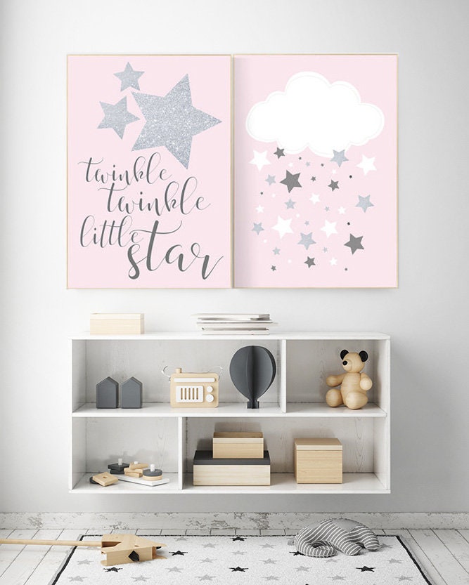 Twinkle twinkle little star nursery, pink gray nursery decor, baby girl nursery decor, pink silver, cloud nursery art, kids room decor