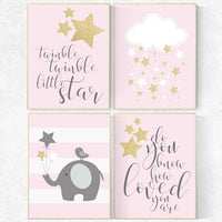Twinkle twinkle little star nursery, elephant nursery art, pink gold nursery decor, baby girl nursery decor, pink and gold, pink nursery art