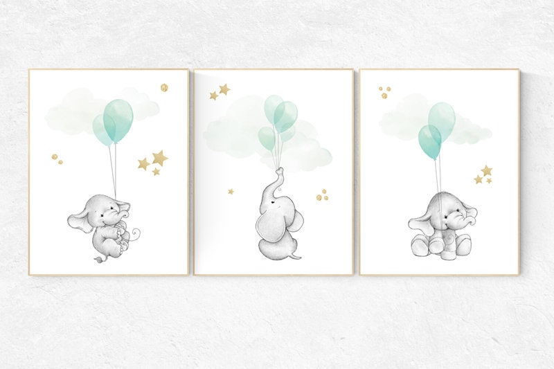 Mint and gold nursery decor, Nursery decor animals, neutral nursery, elephant nursery, mint gold nursery decor, gender neutral, mint green