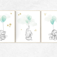 Mint and gold nursery decor, Nursery decor animals, neutral nursery, elephant nursery, mint gold nursery decor, gender neutral, mint green