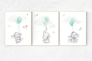 Mint and gold nursery decor, Nursery decor animals, neutral nursery, elephant nursery, mint gold nursery decor, gender neutral, mint green