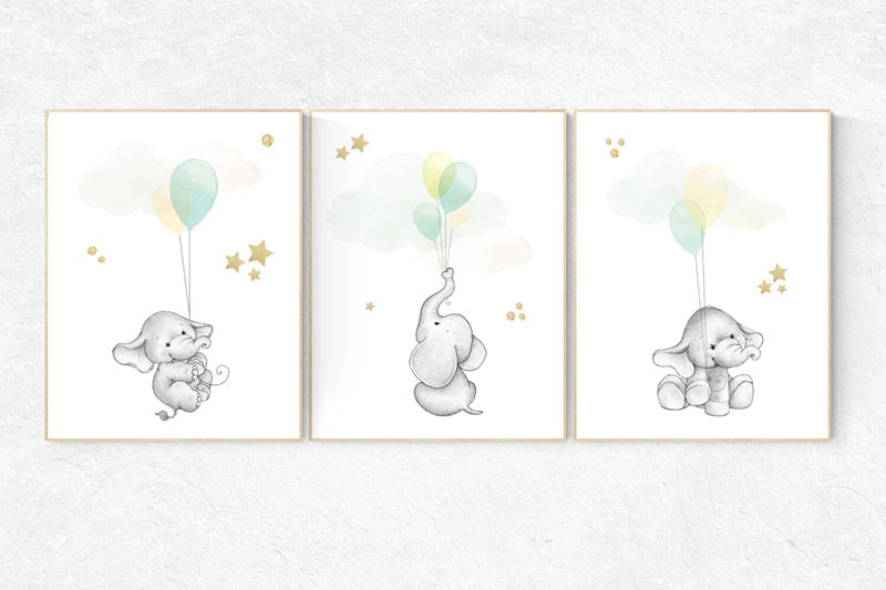 Mint yellow grey nursery, Nursery decor animals, neutral nursery, elephant nursery, mint yellow gold nursery, gender neutral, mint green
