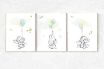 Mint yellow grey nursery, Nursery decor animals, neutral nursery, elephant nursery, mint yellow gold nursery, gender neutral, mint green