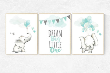 Nursery decor elephant, mint nursery decor, dream big little one, gender neutral nursery, animal balloons, nursery decor mint green, neutral