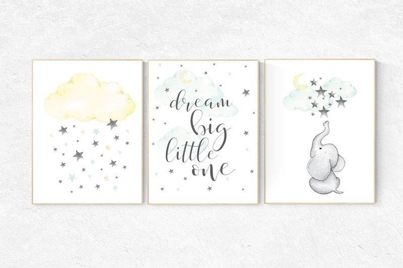 Mint and yellow nursery, nursery decor elephant, cloud and star, dream big, teal and yellow, nursery decor boy teal, gender neutral nursery