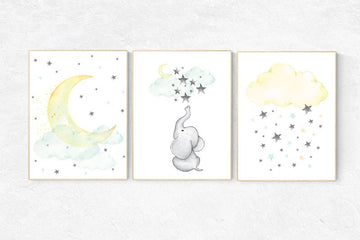 Gender neutral, Mint and yellow nursery, nursery decor elephant, cloud and star, mint green and yellow, nursery wall decor, elephant nursery