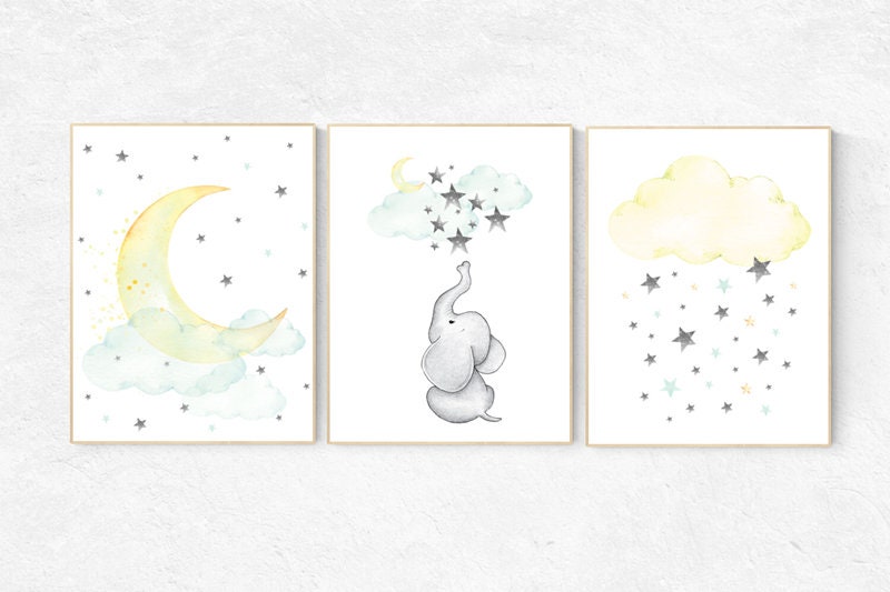 Gender neutral, Mint and yellow nursery, nursery decor elephant, cloud and star, mint green and yellow, nursery wall decor, elephant nursery