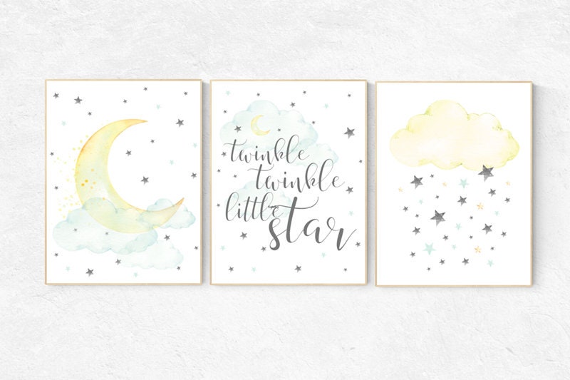 Mint and yellow nursery, moon and stars nursery, gender neutral nursery, twinkle twinkle little star, nursery decor boy teal and yellow