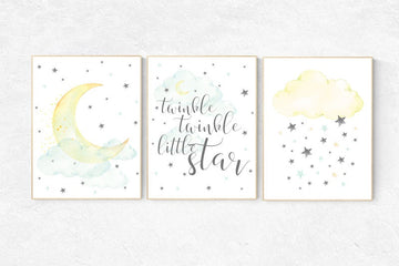 Mint and yellow nursery, moon and stars nursery, gender neutral nursery, twinkle twinkle little star, nursery decor boy teal and yellow