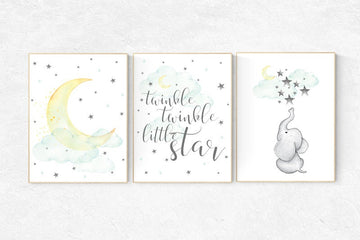 Mint and yellow nursery, nursery decor elephant, twinkle twinkle little star, nursery decor neutral, nursery decor boy teal, cloud and star