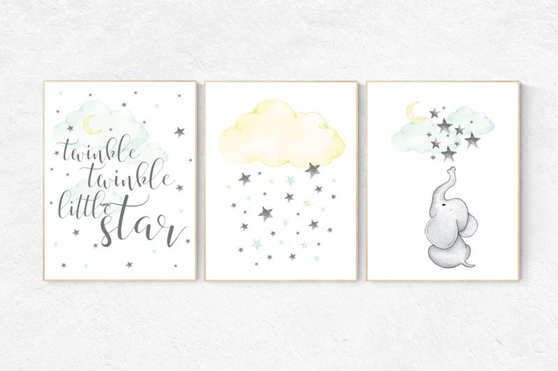 Nursery decor elephant, Mint and yellow nursery, twinkle twinkle little star, mint nursery, nursery decor boy teal, nursery decor neutral