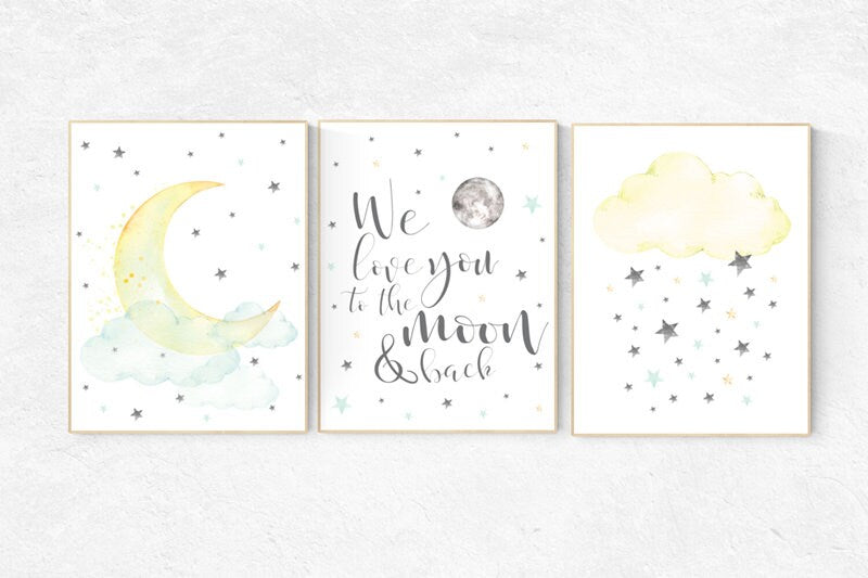 Yellow and mint nursery, moon and back, moon and stars nursery, gender neutral nursery, nursery decor boy teal, yellow nursery