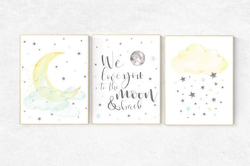 Yellow and mint nursery, moon and back, moon and stars nursery, gender neutral nursery, nursery decor boy teal, yellow nursery