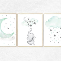 Nursery decor elephant, Mint nursery decor, dream big little one, gender neutral nursery, cloud and star nursery, elephant nursery prints