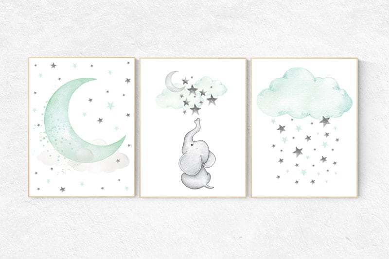 Nursery decor elephant, Mint nursery decor, dream big little one, gender neutral nursery, cloud and star nursery, elephant nursery prints