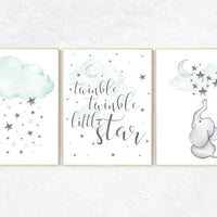 Elephant nursery decor, twinkle twinkle little star, Mint nursery decor, nursery decor neutral, nursery decor boy teal, cloud and star