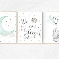 Nursery decor elephant, we love you to the moon and back, Mint nursery decor, nursery decor neutral, nursery decor boy teal, cloud and star