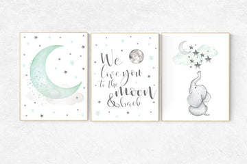 Nursery decor elephant, we love you to the moon and back, Mint nursery decor, nursery decor neutral, nursery decor boy teal, cloud and star
