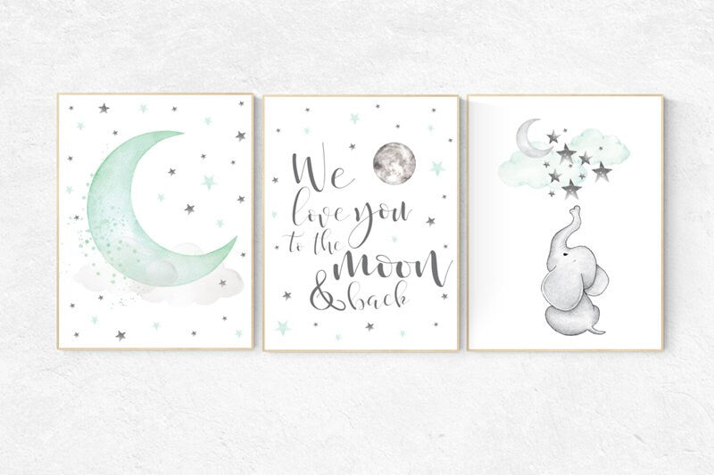 Nursery decor elephant, we love you to the moon and back, Mint nursery decor, nursery decor neutral, nursery decor boy teal, cloud and star