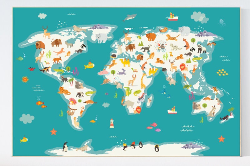 Animal world map, animal map nursery, Animals map, animal map of the world, gender neutral nursery, animals of the world, Nursery world map