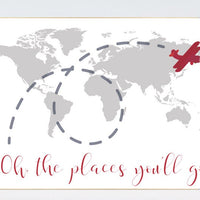 Oh the places you'll go, gray red nursery decor, travel nursery decor, World Map wall art, world map nursery, red gray nursery, grey nursery
