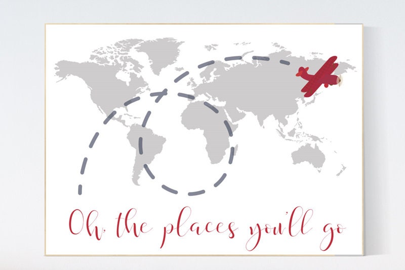 Oh the places you'll go, gray red nursery decor, travel nursery decor, World Map wall art, world map nursery, red gray nursery, grey nursery