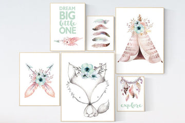 Nursery decor woodland, Coral and mint nursery, nursery decor girl coral, nursery decor boy woodland, woodland nursery art, fox nursery