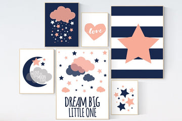Coral navy nursery, coral and navy nursery, gender neutral, cloud nursery, dream big little one, neutral nursery, to the moon and back