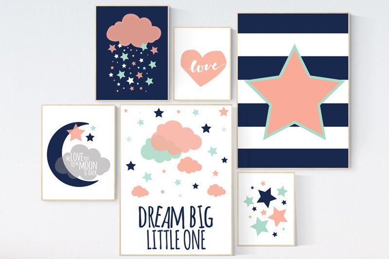 Nursery decor girl navy mint coral, gender neutral, cloud nursery, dream big little one, neutral nursery, peach navy mint, coral navy mint