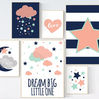 Nursery decor girl navy mint coral, gender neutral, cloud nursery, dream big little one, neutral nursery, peach navy mint, coral navy mint