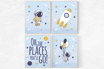 Kid's room decor space, nursery decor space, oh the places you'll go, Space nursery decor, nursery decor blue, blue and gold, space nursery