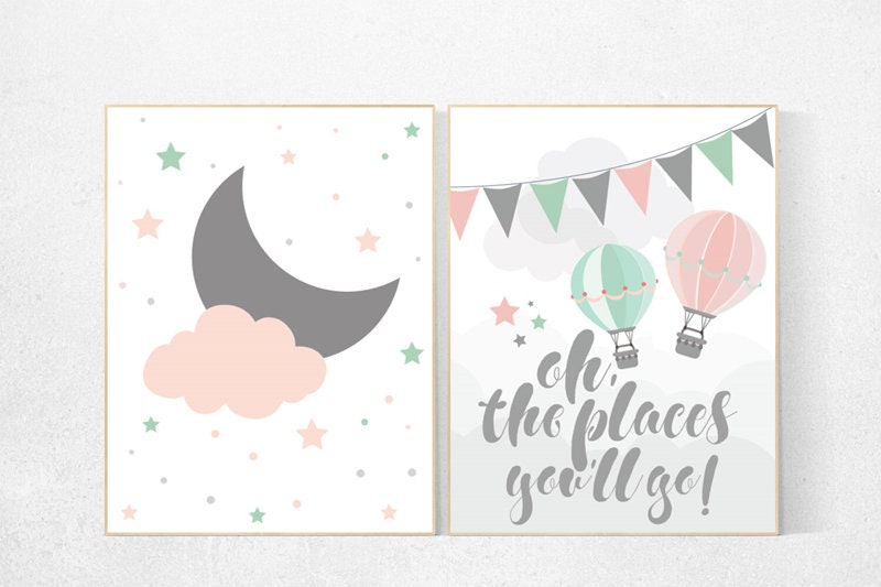 Coral mint nursery, gender neutral, Oh the places you&