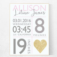 Girl birth announcement nursery decor, pink and gold  nursery decor, nursery prints, baby birth print, baby print, baby stats