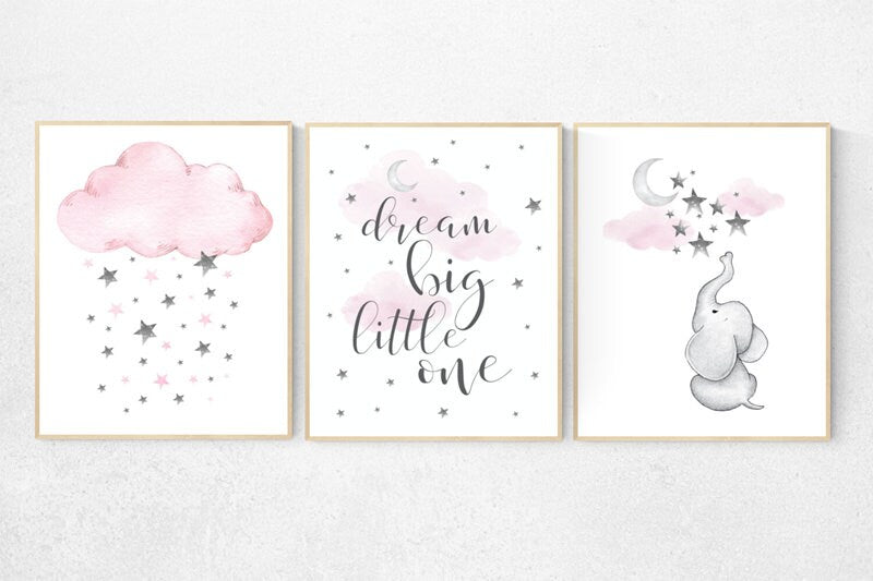Elephant nursery, Nursery decor girl pink and gray, nursery decor girl pink, pink nursery, dream big little one, cloud nursery. pink nursery