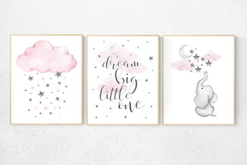 Elephant nursery, Nursery decor girl pink and gray, nursery decor girl pink, pink nursery, dream big little one, cloud nursery. pink nursery