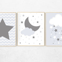 Nursery decor neutral, gray nursery decor, gray nursery wall art, gray nursery, gender neutral, nursery decor neutral, cloud and stars