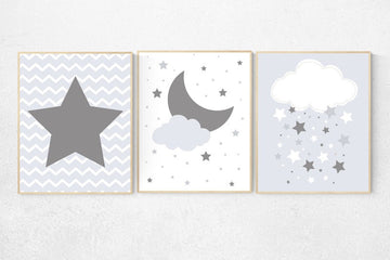 Nursery decor neutral, gray nursery decor, gray nursery wall art, gray nursery, gender neutral, nursery decor neutral, cloud and stars