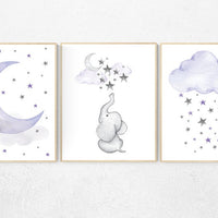 Elephant nursery, Nursery decor girl purple, nursery decor girl lavender and gray, lilac nursery, purple nursery, cloud, moon and stars