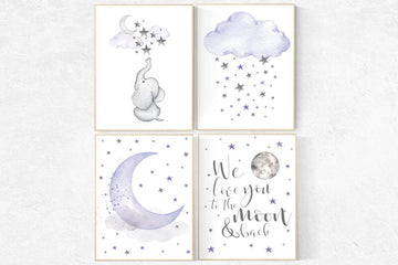 Nursery decor girl purple, elephant nursery, nursery decor girl lavender and gray, lilac nursery, we love you to the moon and back, purple