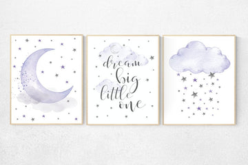 Nursery decor girl purple, lavender and grey, nursery wall decor,  lilac nursery, dream big little one, cloud, stars, moon, set of 3 prints