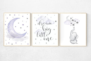 Nursery decor girl purple,  Nursery decor girl elephant, lilac nursery wall art, dream big little one, purple nursery prints, lavender