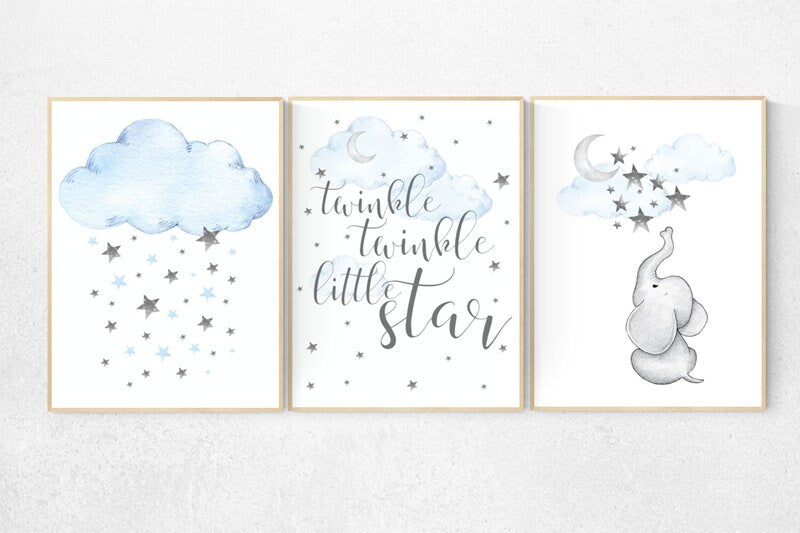 Elephant nursery, Blue and gray, Nursery decor boy, nursery wall art, boys room decor, twinkle twinkle little star, clouds and stars nursery