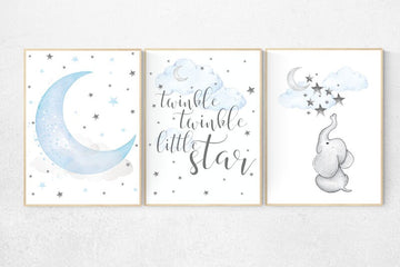 Blue and gray, Nursery decor boy, Elephant nursery, nursery decor, boys room decor, twinkle twinkle little star, clouds and stars, blue grey