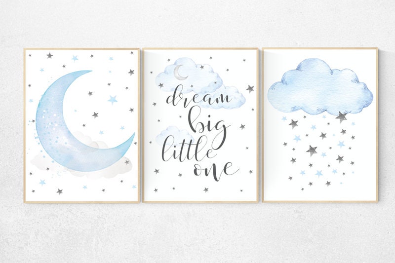 Blue and gray, Nursery decor boy, nursery decor, boys room decor, dream big little one , clouds and stars, blue grey nursery, cloud nursery