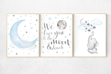 Elephant nursery, we love you to the moon and back, Blue and gray, Nursery decor boy, nursery decor, boys room, clouds and stars, blue grey