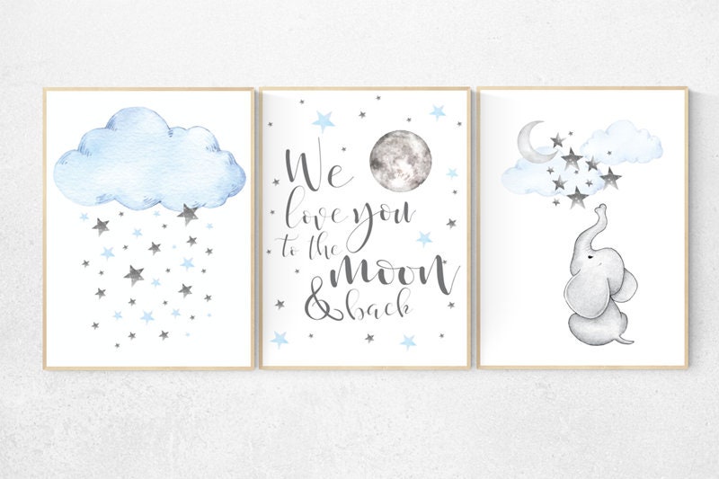 Elephant nursery, Blue and gray, we love you to the moon and back, Nursery decor boy, nursery decor, boys room, clouds and stars, blue grey