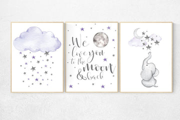 Nursery decor girl lavender and gray, Nursery decor girl purple, elephant nursery, lilac nursery, we love you to the moon and back, purple
